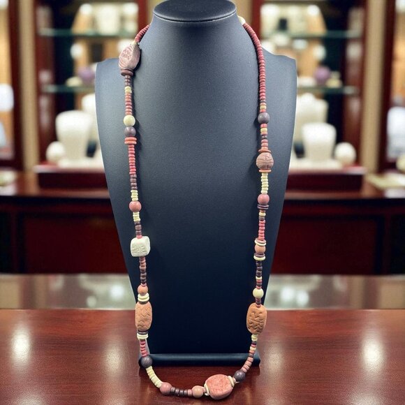 Handmade Bohemian Rustic Beaded Necklace Vintage Prairie Cottagecore Jewelry 32" - Picture 1 of 7